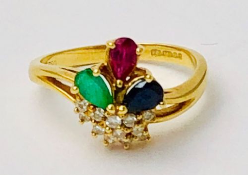 Lovely Tutti Frutti Ruby Sapphire Emerald Diamond 18ct Gold Cluster Ring