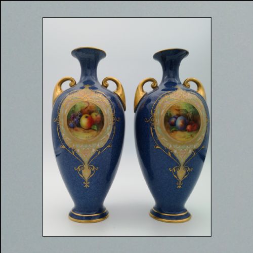 A Pair of Rare Royal Worcester  Powder Blue 1923 Both Signed H.ayrton Decorated with Vignettes of Fruit.