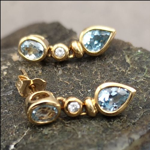 Beautiful 9ct Gold Blue Topaz and Diamond Drop Earrings