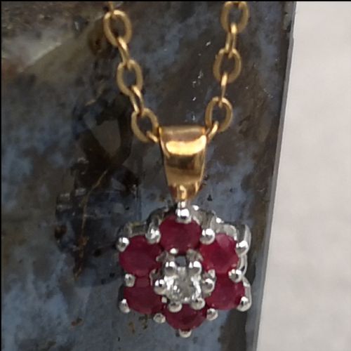 9ct Gold Ruby and Diamond Cluster Pendant on Chain