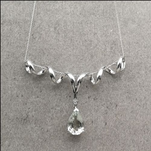9ct White Gold Diamond & Pale Green Pear Cut Quartz Pendant & Necklace