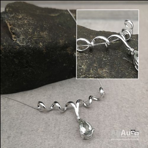 fig 1. 9ct White Gold Diamond & Pale Green Pear Cut Quartz Pendant & Necklace