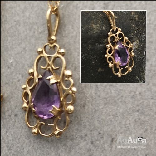 fig 1. Vintage 9 Ct Gold Amethyst Peardrop Necklace