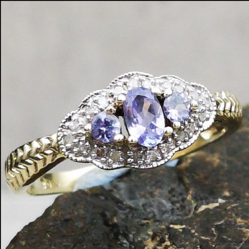 9ct Gold Three Stone Tanzanite and Diamond Ring