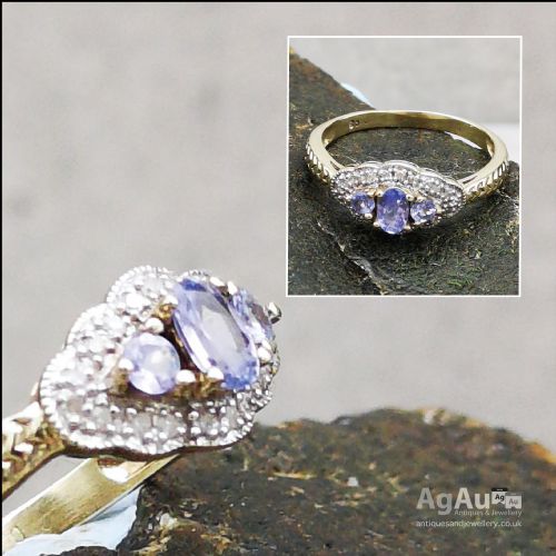 fig 1. 9ct Gold Three Stone Tanzanite and Diamond Ring