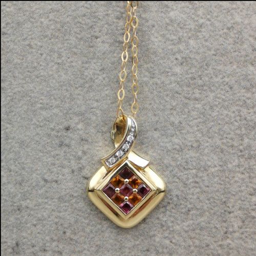 9ct Gold Diamond, Citrine & Amethyst Pendant and Chain