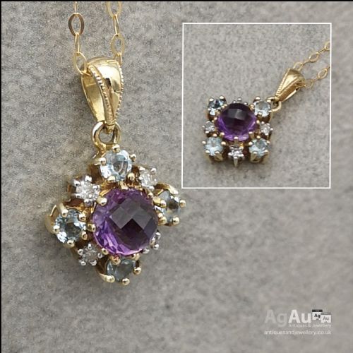fig 1. 9ct Gold Diamond, Amethyst and Blue Topaz Cluster Pendant with Chain