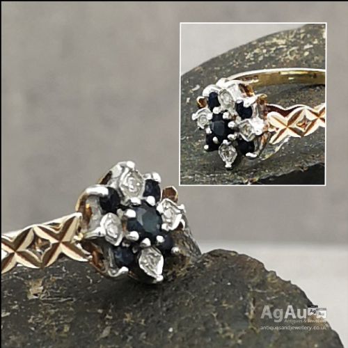 fig 1. 9ct Gold Sapphire Diamond Flower Cluster Cocktail Ring