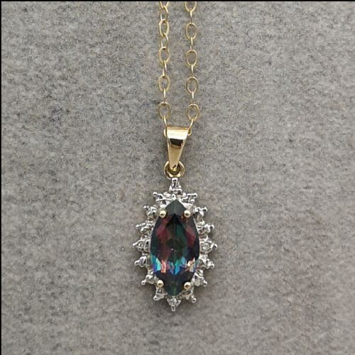 9ct Gold Diamond and Mystic/rainbow Topaz Pendant and Chain