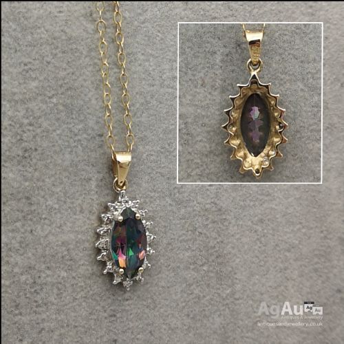 fig 1. 9ct Gold Diamond and Mystic/Rainbow Topaz Pendant and Chain