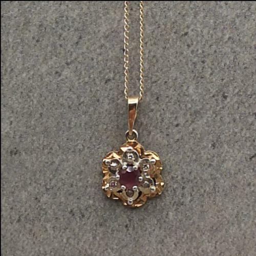 9ct Gold Ruby & Diamond Flower Style Pendant & Chain