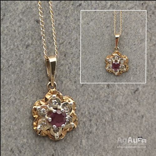 fig 1. 9ct Gold Ruby & Diamond Flower Style Pendant & Chain