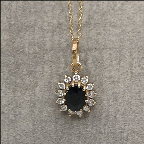 9ct Gold 0.5ct Diamond & 1ct Sapphire Pendant and Chain