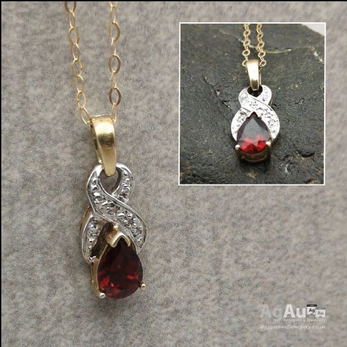 fig 1. 9ct Gold Diamond & Pear Drop Garnet Vintage Pendant
