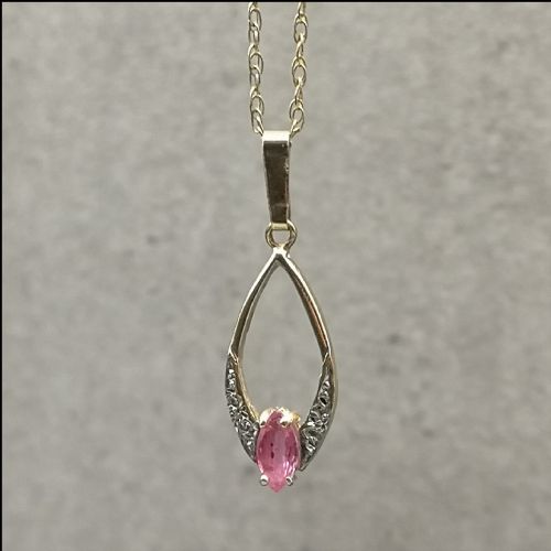 9ct Gold Diamond & Pink Sapphire Art Deco Pendant and Chain