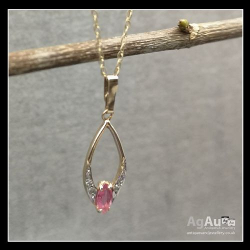 fig 1. 9ct Gold Diamond & Pink Sapphire Art Deco Pendant and Chain