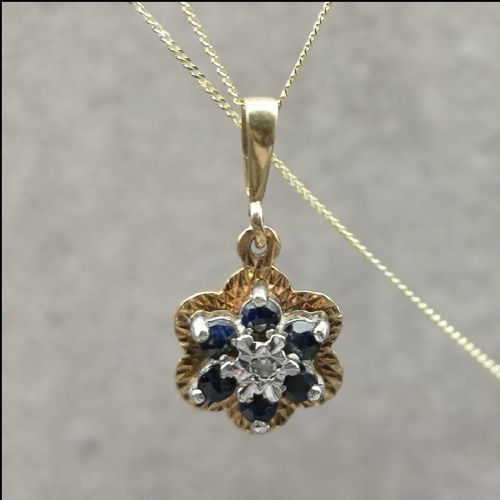 9ct Gold Sapphire and Diamond Stone Set Pendant and Chain