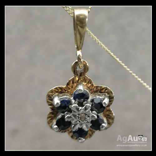fig 1. 9ct Gold Sapphire and Diamond Stone Set Pendant and Chain