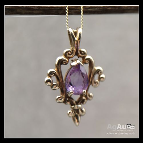 fig 1. 9ct Gold Amethyst Stone Set Pendant and Chain