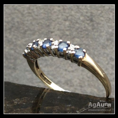 fig 1. 9ct Gold Diamond & Five Stone Sapphire Ring
