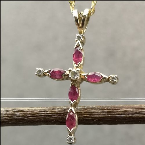 9ct Gold Ruby and Diamond Cross and Chain