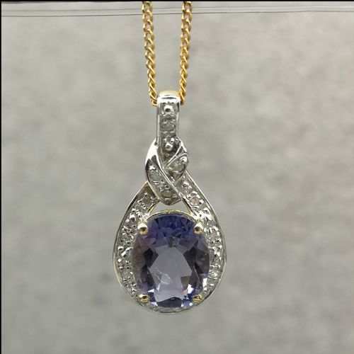 9ct Gold Pear Drop Tanzanite & Diamond Pendant on Chain