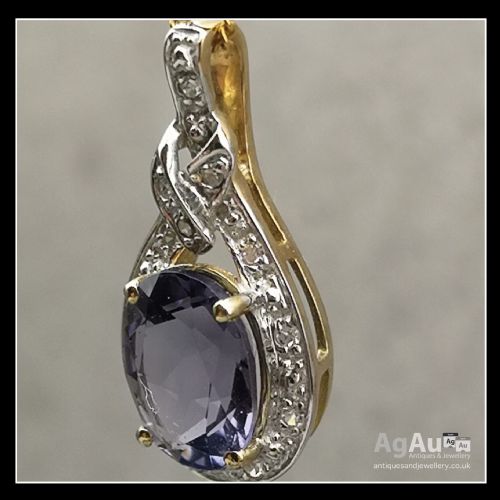 fig 1. 9ct Gold Pear Drop Tanzanite & Diamond Pendant On Chain