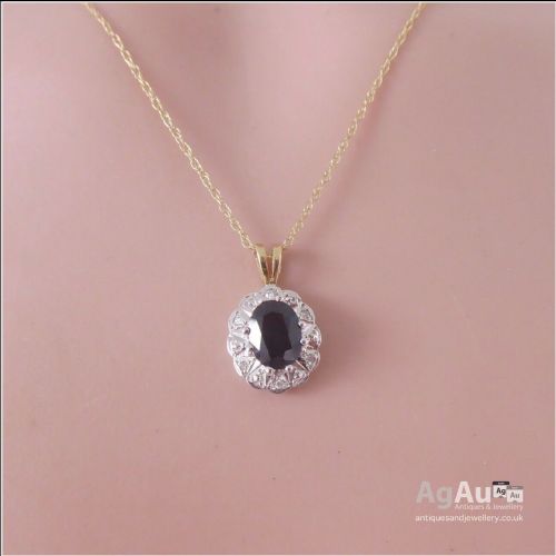 fig 1. 9ct Gold Diamond & Sapphire (1ct) Cluster Pendant and Chain