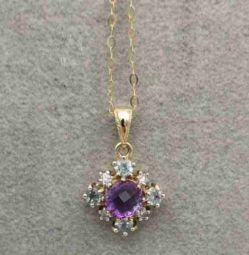 9ct Gold Diamond, Amethyst and Blue Topaz Cluster Pendant with Chain