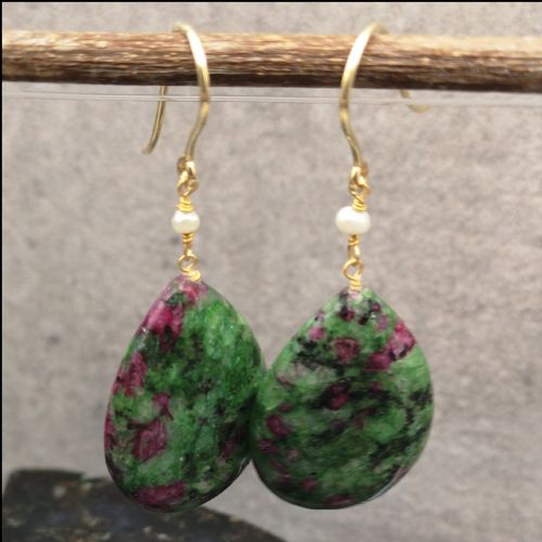 9ct Gold Pair of Large Ruby Fuchsite Gem Stone Drop Earrings
