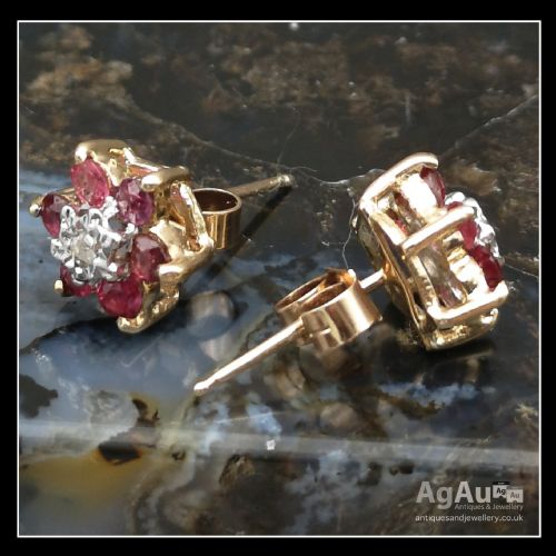 fig 1. 9ct Gold Ruby & Diamond Flower Cluster Stud Earrings