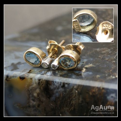 fig 1. 9ct Gold Blue Topaz & Diamond Stud Earrings 