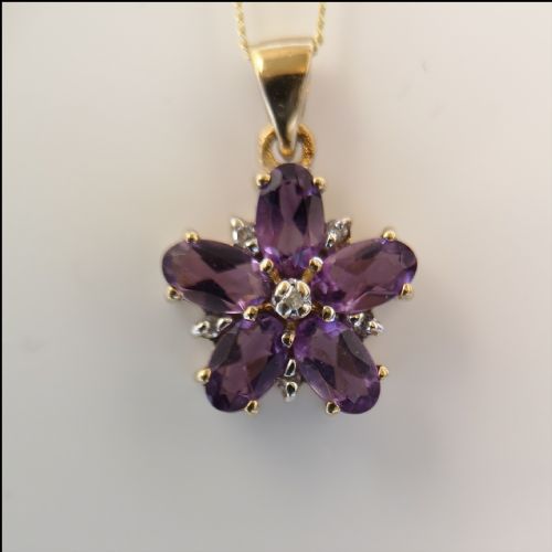 9ct Gold Pear Drop Amethyst & Diamond Pendant with Chain
