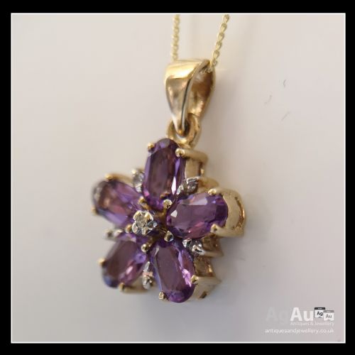 fig 1. 9ct Gold Pear Drop Amethyst & Diamond Pendant with Chain