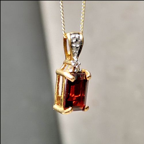 9ct Gold Emerald Cut Garnet & Diamond Pendant with Chain