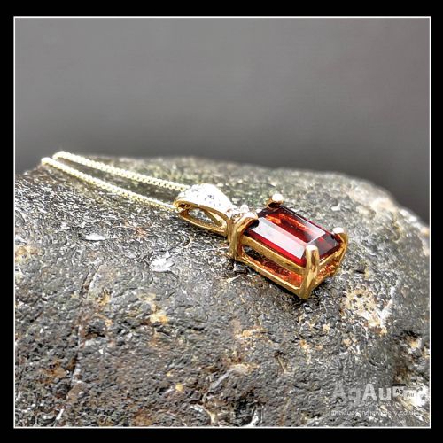 fig 1. 9ct Gold Emerald Cut Garnet & Diamond Pendant with Chain