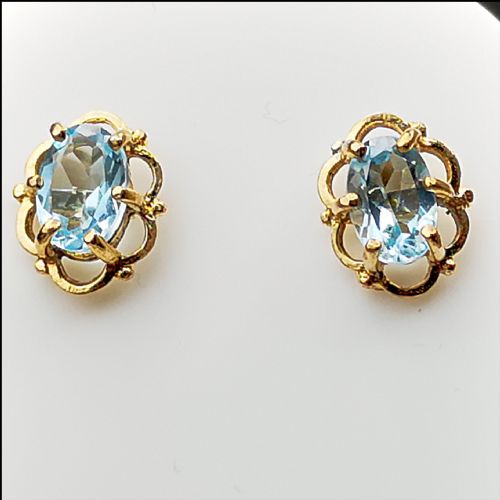 9ct Yellow Solid Gold Blue Topaz Stud Earrings