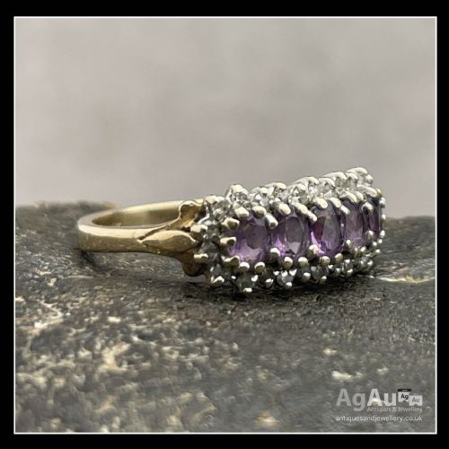 fig 1. 9ct Gold Amethyst & Diamond Vintage Cluster Ring