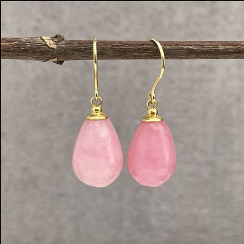 9ct Gold Pair of Pear Drop Pink Rhodochrosite Drop Earrings