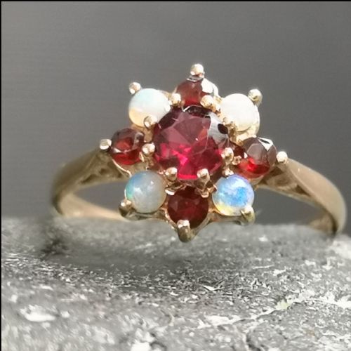 9ct Gold Ruby and Opal Flower Ring
