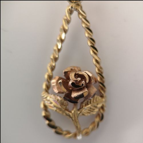 9ct Gold Two Tone Vintage Rose Pendant and Chain