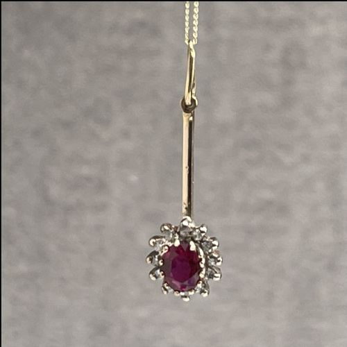 9ct Gold Ruby & Diamond Drop Cluster Pendant and Chain