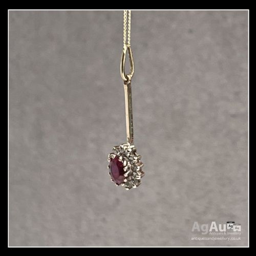 fig 1. 9ct Gold Ruby & Diamond Drop Cluster Pendant and Chain