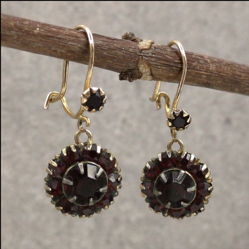 9ct Gold Victorian Bohemian Garnet Cluster Drop Earrings