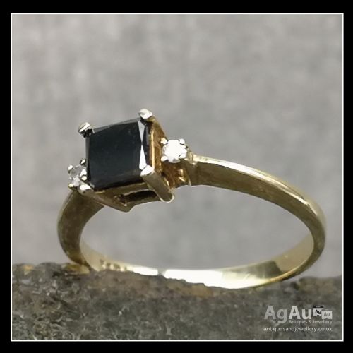 fig 1. 9ct Gold Princess Cut Black Diamond & Round Cut White Diamond Ring