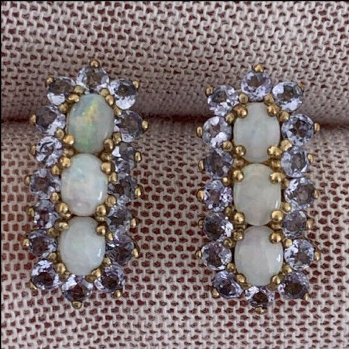 9ct Gold Fiery Opal & Tanzanites Cluster Stud Earrings