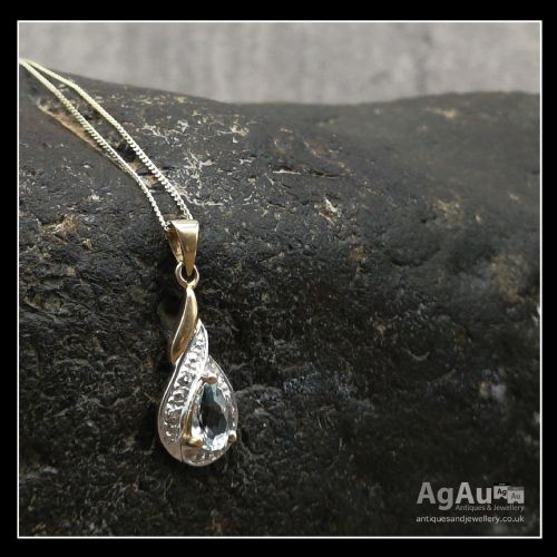 fig 1. 9ct Gold Pear Drop Blue Topaz and Diamond Necklace