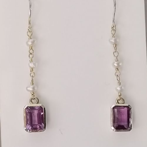 9ct Gold Emerald Cut Amethyst & Baroque Pearl Large Drop Dangling Earrings