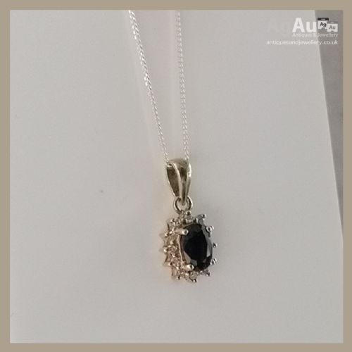 fig 1. 9ct Gold Sapphire & Diamond Cluster Pendant Necklace