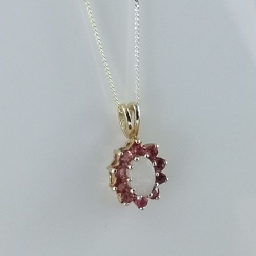 9ct Gold Ruby Cluster and Opal Pendant Necklace